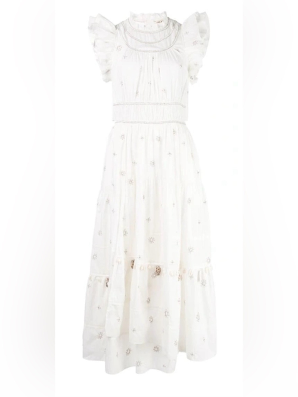 Ulla Johnson Zemora Midi Dress Shell Embellishments Tiered Ruffling Sz 6 White